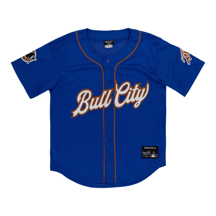 The Ebbets Field Durham Bulls MiLB Button Down Jersey is a blue jersey with brown trim, 