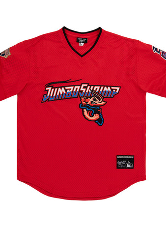 The Ebbets Field Jacksonville Jumbo Shrimp MiLB V-Neck Jersey features red fabric, 