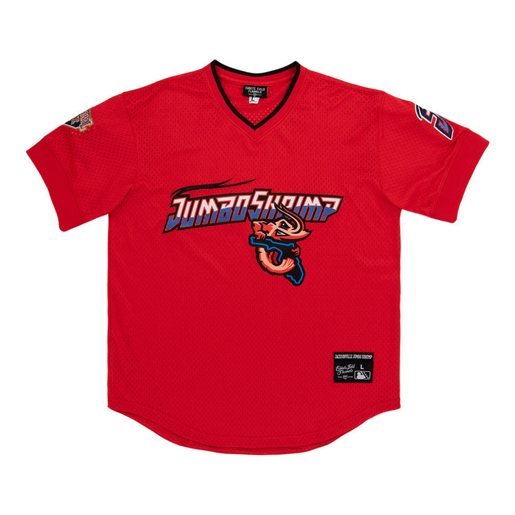 The Ebbets Field Jacksonville Jumbo Shrimp MiLB V-Neck Jersey features red fabric, 