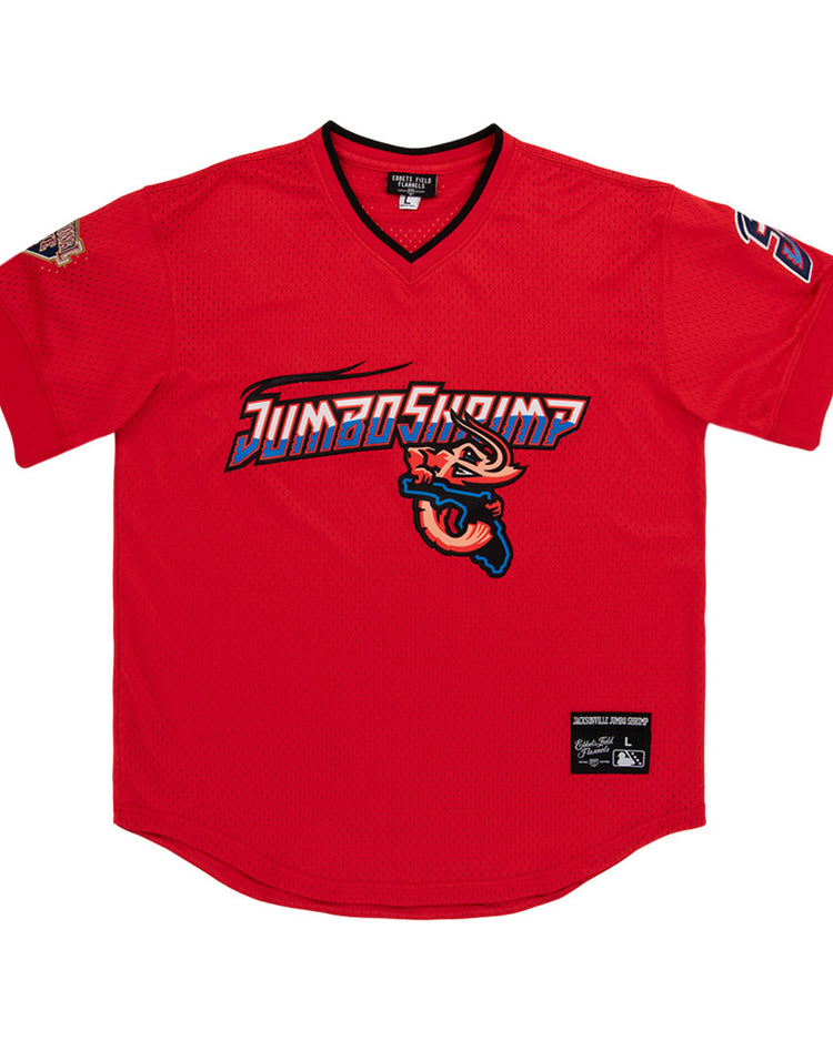 The Ebbets Field Jacksonville Jumbo Shrimp MiLB V-Neck Jersey features red fabric, 