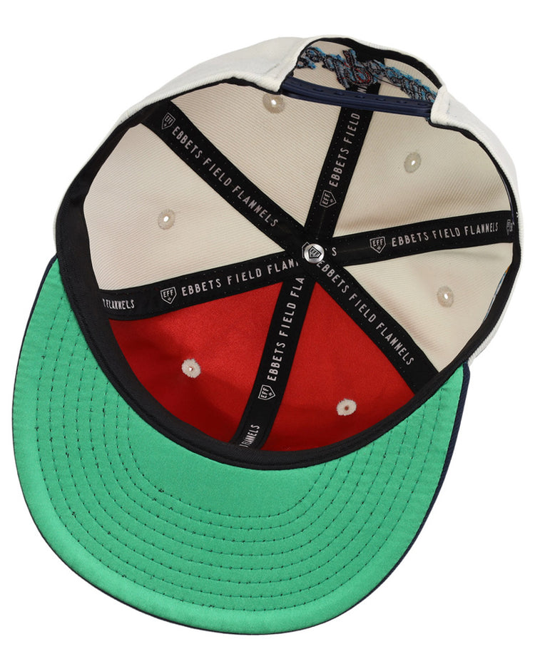 The Amarillo Sod Poodles MiLB Snapback Ballcap by Ebbets Field features a green underside brim, red and white interior panels, black lining printed with 