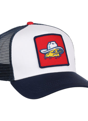 The Amarillo Sod Poodles MiLB Trucker Ballcap by Ebbets Field features a white front, navy blue bill and mesh, and a red patch with a cartoon yellow fish wearing a white cowboy hat.