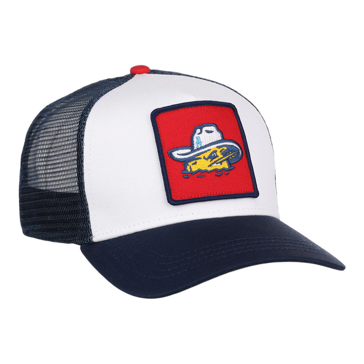 The Amarillo Sod Poodles MiLB Trucker Ballcap by Ebbets Field features a white front, navy blue bill and mesh, and a red patch with a cartoon yellow fish wearing a white cowboy hat.