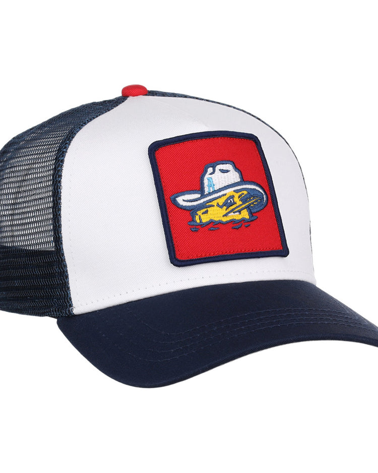 The Amarillo Sod Poodles MiLB Trucker Ballcap by Ebbets Field features a white front, navy blue bill and mesh, and a red patch with a cartoon yellow fish wearing a white cowboy hat.