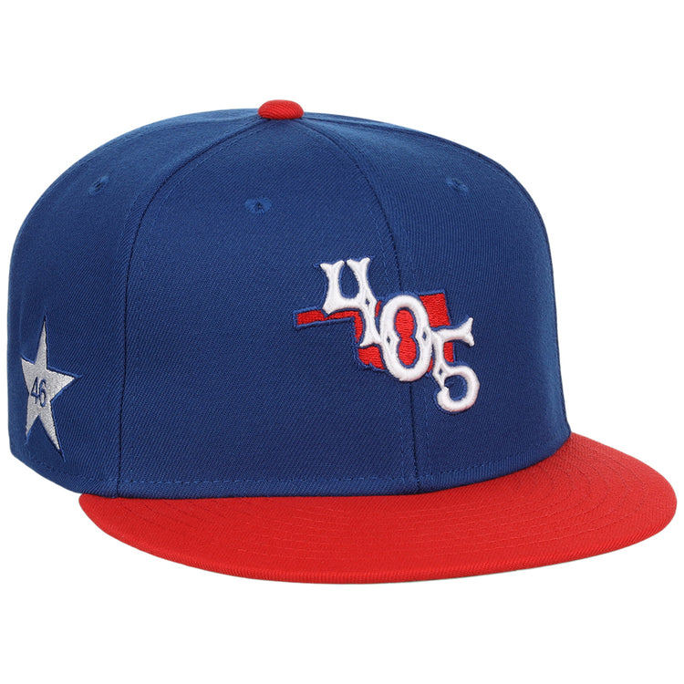 The Ebbets Field Oklahoma City Dodgers MiLB Two Tone Snapback Ballcap features blue and red colors, a 405 front logo, a red top button, and a white star with 