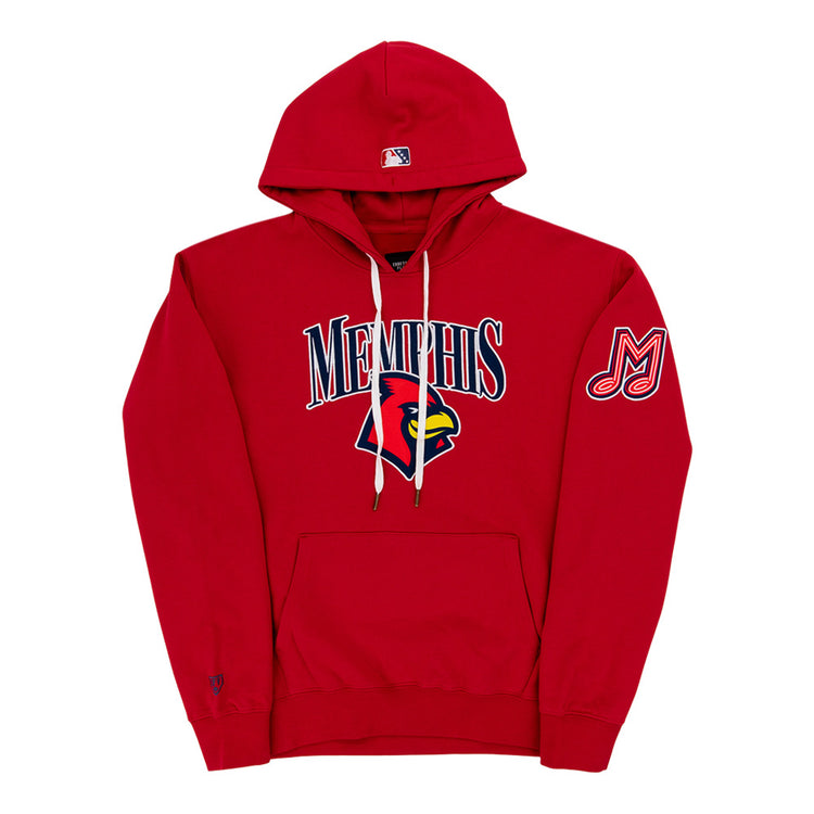 The Ebbets Field Memphis Red Birds MiLB Cotton Hooded Sweatshirt features a large cardinal logo and MEMPHIS text on the chest, an M patch on the left sleeve, front pocket, white drawstrings, and a small MLB logo on the hood.