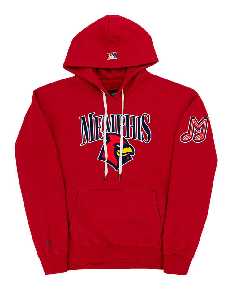 The Ebbets Field Memphis Red Birds MiLB Cotton Hooded Sweatshirt features a large cardinal logo and MEMPHIS text on the chest, an M patch on the left sleeve, front pocket, white drawstrings, and a small MLB logo on the hood.