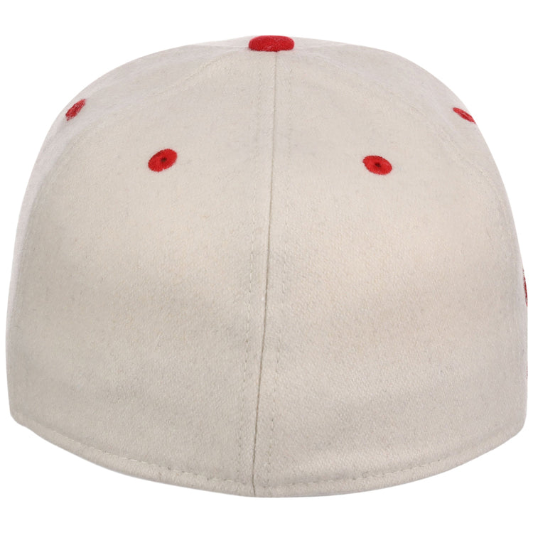 The Ebbets Field Kansas City Monarchs NLB Ballpark Fitted Ballcap is cream-colored, shown from the back with red stitched eyelets and a red top button.