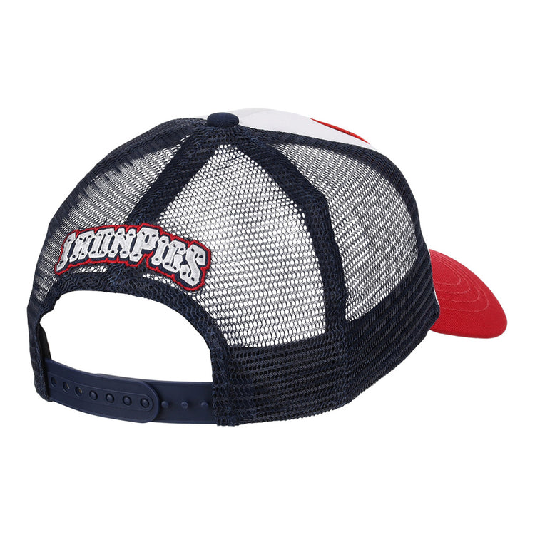 The Ebbets Field Lehigh Valley Ironpigs MiLB Trucker Ballcap features a red bill, navy mesh back, adjustable snap closure, and John Pors embroidered in white with a red outline on the back.