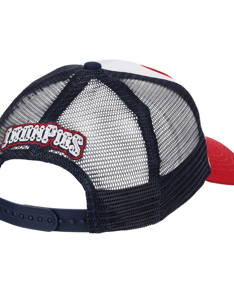 The Ebbets Field Lehigh Valley Ironpigs MiLB Trucker Ballcap features a red bill, navy mesh back, adjustable snap closure, and John Pors embroidered in white with a red outline on the back.