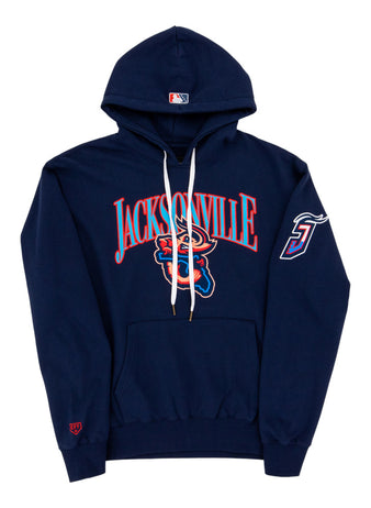 Ebbets Field Jacksonville Jumbo Shrimp MiLB Cotton Hooded Sweatshirt in navy features Jacksonville text, a bear mascot graphic on the front, a number 31 with tail on the left sleeve, white drawstrings, and a front pouch pocket.