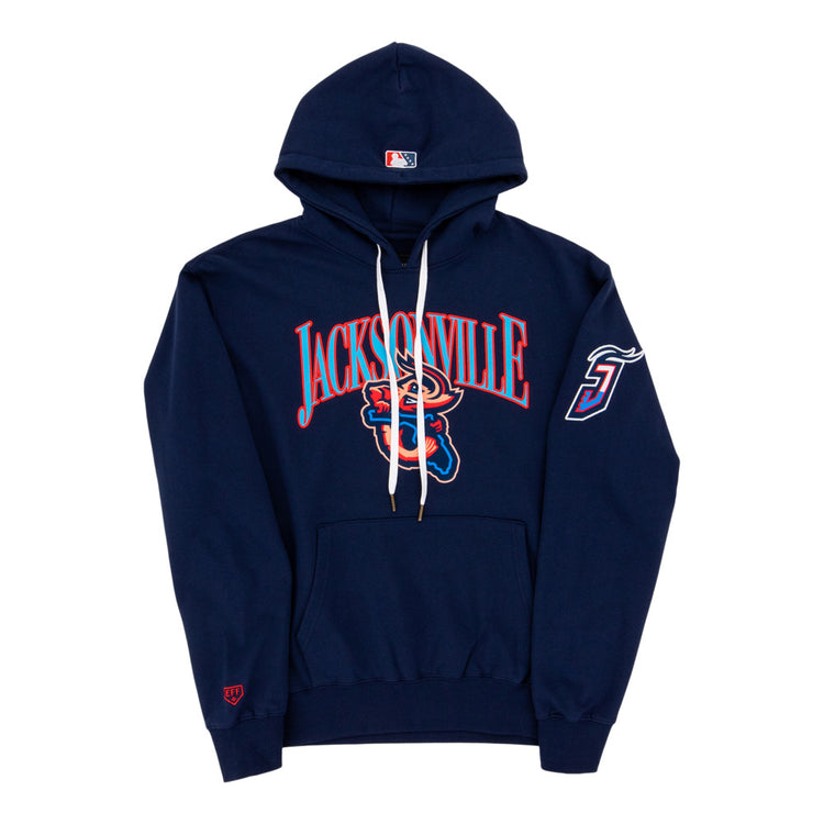 Ebbets Field Jacksonville Jumbo Shrimp MiLB Cotton Hooded Sweatshirt in navy features Jacksonville text, a bear mascot graphic on the front, a number 31 with tail on the left sleeve, white drawstrings, and a front pouch pocket.
