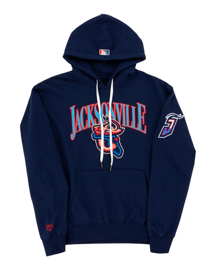 Ebbets Field Jacksonville Jumbo Shrimp MiLB Cotton Hooded Sweatshirt in navy features Jacksonville text, a bear mascot graphic on the front, a number 31 with tail on the left sleeve, white drawstrings, and a front pouch pocket.