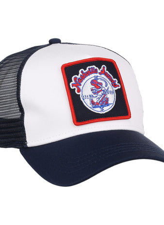 The Ebbets Field Nashville Sounds MiLB Square Patch Trucker Ballcap features a navy and white design with a black mesh back and a front patch showing 