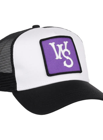 The Winston-Salem Dash MiLB Trucker Ballcap by Ebbets Field features a black and white design with a purple patch displaying white 