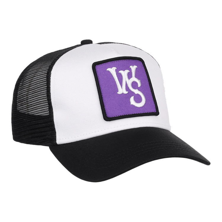 The Winston-Salem Dash MiLB Trucker Ballcap by Ebbets Field features a black and white design with a purple patch displaying white 