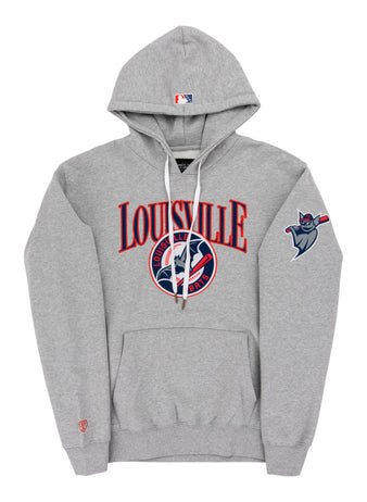The Ebbets Field Louisville Bats MiLB Cotton Hooded Sweatshirt is gray with 