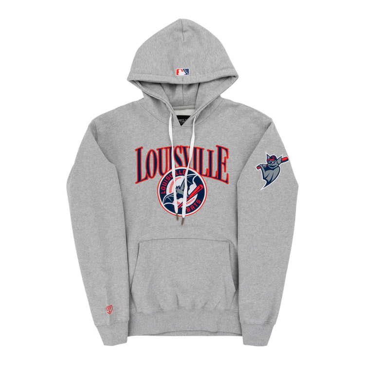 The Ebbets Field Louisville Bats MiLB Cotton Hooded Sweatshirt is gray with 