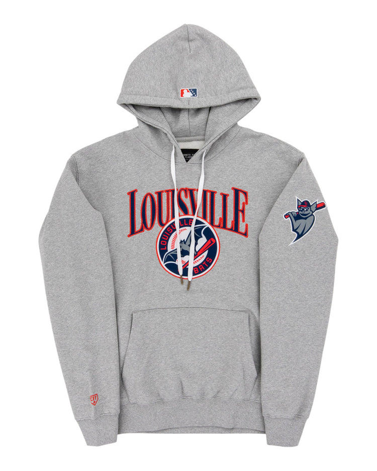 The Ebbets Field Louisville Bats MiLB Cotton Hooded Sweatshirt is gray with 