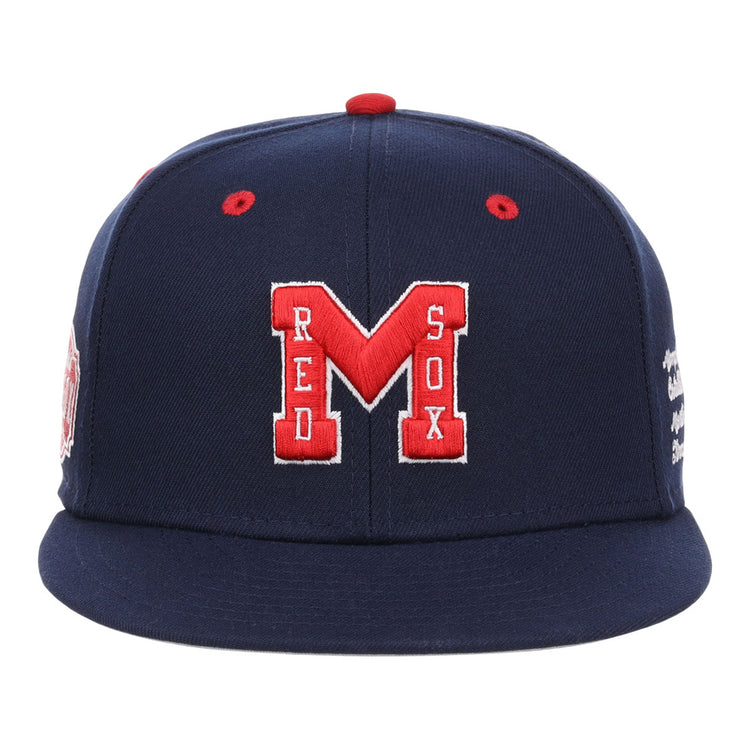 The Ebbets Field Memphis Red Sox NLB Varsity Fitted Ballcap is navy blue with red accents, featuring a red and white embroidered 