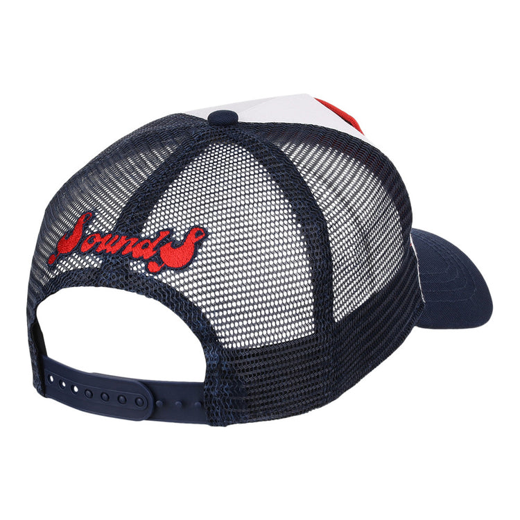 The Ebbets Field Nashville Sounds MiLB Square Patch Trucker Ballcap is a navy blue mesh hat with an adjustable snapback, featuring red 
