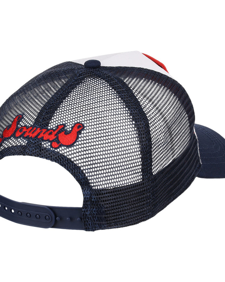 The Ebbets Field Nashville Sounds MiLB Square Patch Trucker Ballcap is a navy blue mesh hat with an adjustable snapback, featuring red 