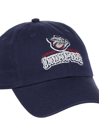 The Ebbets Field Lehigh Valley IronPigs MiLB Dad Ballcap is a navy blue baseball cap featuring an embroidered bulldog mascot, 