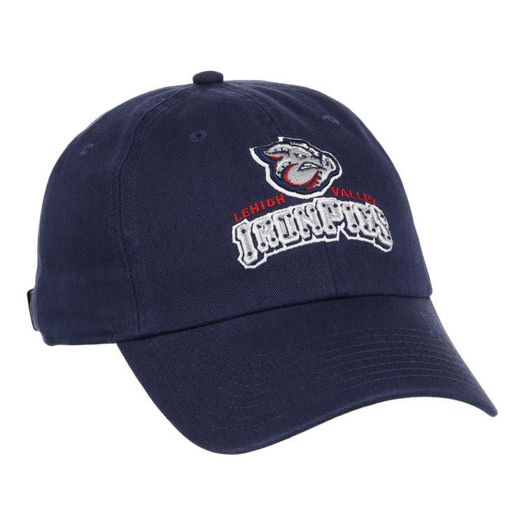 The Ebbets Field Lehigh Valley IronPigs MiLB Dad Ballcap is a navy blue baseball cap featuring an embroidered bulldog mascot, 