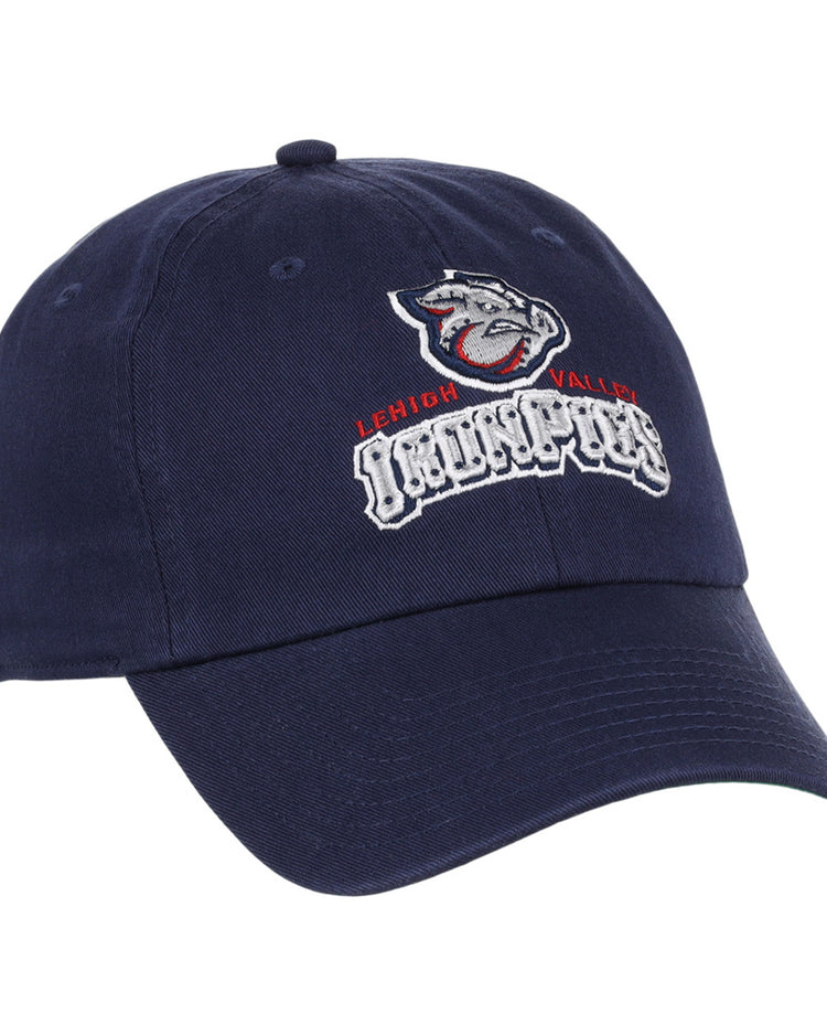 The Ebbets Field Lehigh Valley IronPigs MiLB Dad Ballcap is a navy blue baseball cap featuring an embroidered bulldog mascot, 