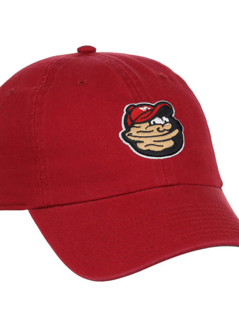 The Ebbets Field Modesto Nuts MiLB Dad Ballcap is a red hat with a curved brim, topped with a button, and features an embroidered cartoon pancake stack wearing a red cap on the front.