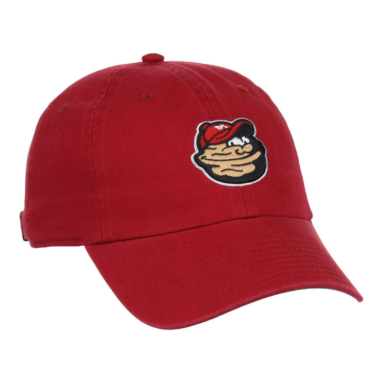 The Ebbets Field Modesto Nuts MiLB Dad Ballcap is a red hat with a curved brim, topped with a button, and features an embroidered cartoon pancake stack wearing a red cap on the front.