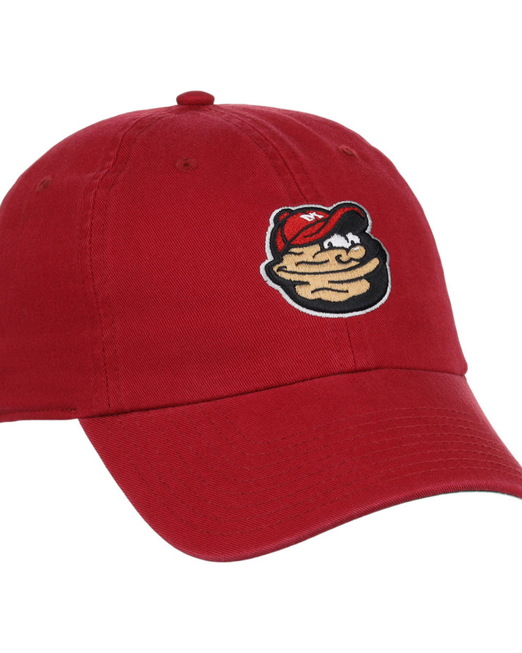 The Ebbets Field Modesto Nuts MiLB Dad Ballcap is a red hat with a curved brim, topped with a button, and features an embroidered cartoon pancake stack wearing a red cap on the front.