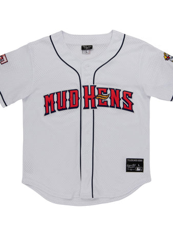 The Ebbets Field Toledo Mud Hens MiLB Button Down Jersey features a white design with black trim, bold red and yellow 
