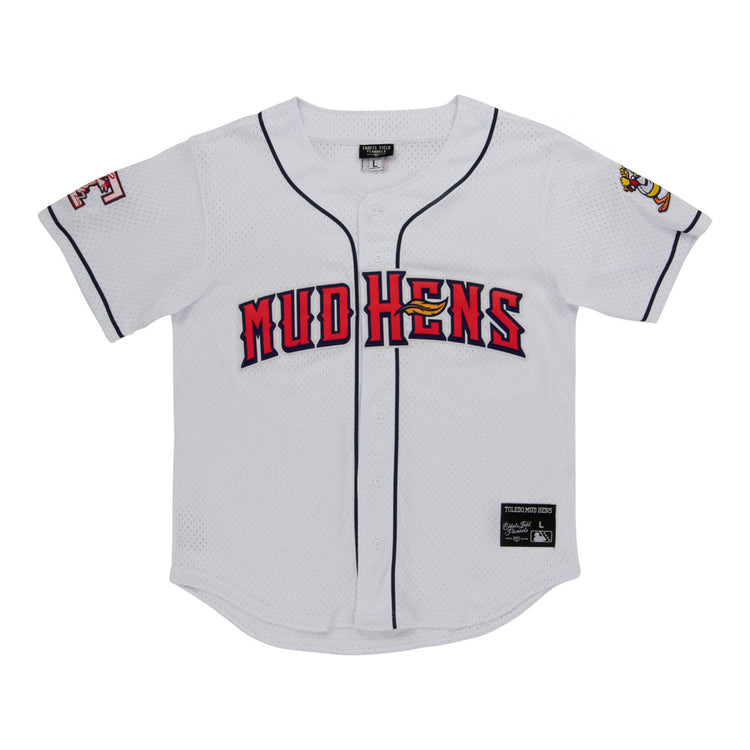 The Ebbets Field Toledo Mud Hens MiLB Button Down Jersey features a white design with black trim, bold red and yellow 