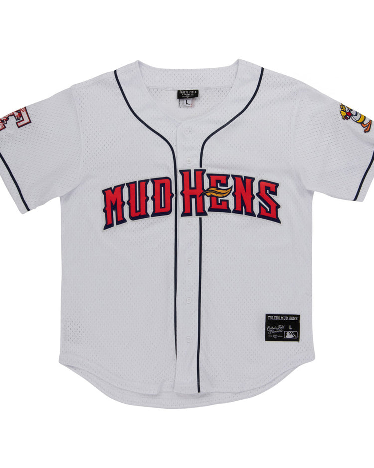 The Ebbets Field Toledo Mud Hens MiLB Button Down Jersey features a white design with black trim, bold red and yellow 