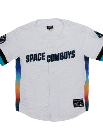 The Ebbets Field Sugarland Space Cowboys MiLB Button Down Jersey features a white base, bold blue front lettering, multicolor gradient bottom, teal and black sleeve accents, and patches on both sleeves.