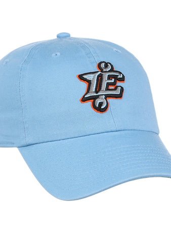 The Inland Empire 66Ers MiLB Dad Ballcap by Ebbets Field is a light blue baseball cap featuring a black, orange, and white embroidered 