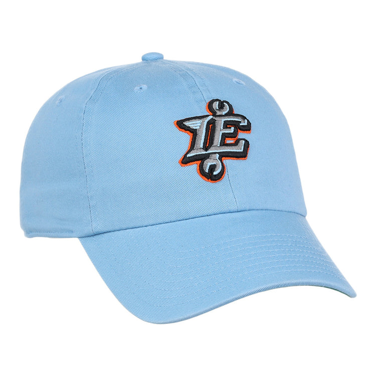 The Inland Empire 66Ers MiLB Dad Ballcap by Ebbets Field is a light blue baseball cap featuring a black, orange, and white embroidered 