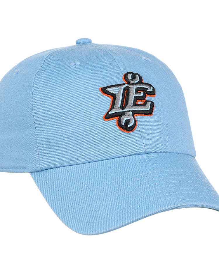 The Inland Empire 66Ers MiLB Dad Ballcap by Ebbets Field is a light blue baseball cap featuring a black, orange, and white embroidered 