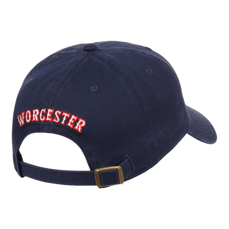 The Ebbets Field Worcester Red Sox MiLB Dad Ballcap is a navy blue baseball cap with WORCESTER stitched in red and white above the adjustable back strap.