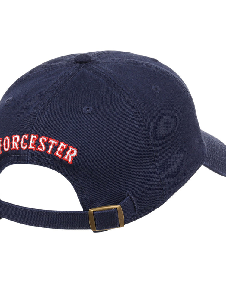 The Ebbets Field Worcester Red Sox MiLB Dad Ballcap is a navy blue baseball cap with WORCESTER stitched in red and white above the adjustable back strap.