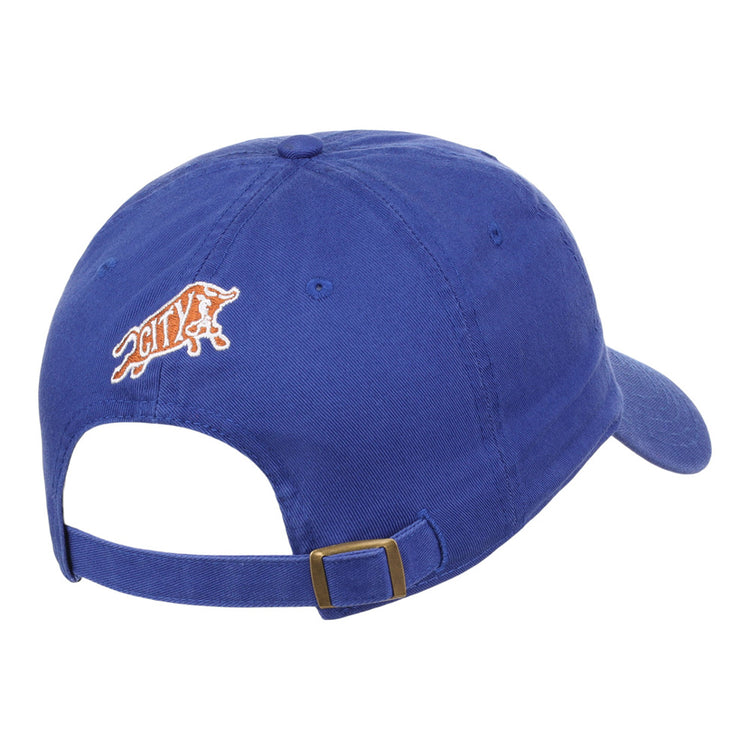 The Ebbets Field Durham Bulls MiLB Dad Ballcap is blue, viewed from the back with an adjustable strap and metal buckle, and has an embroidered orange and white bull logo plus 