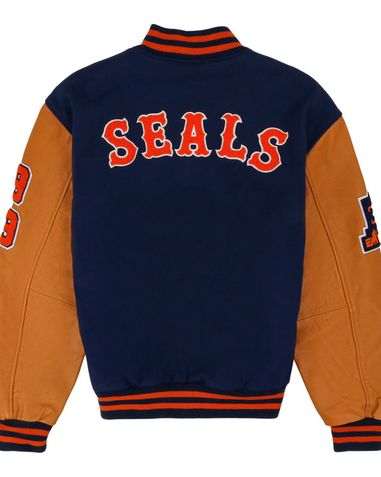 The Ebbets Field San Francisco Seals MiLB Dna Varsity Jacket features a navy back, tan sleeves with orange 19/29 patches, 