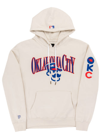 The Ebbets Field Oklahoma City 89Ers MiLB Cotton Hooded Sweatshirt is a cream hoodie with a front pocket, 