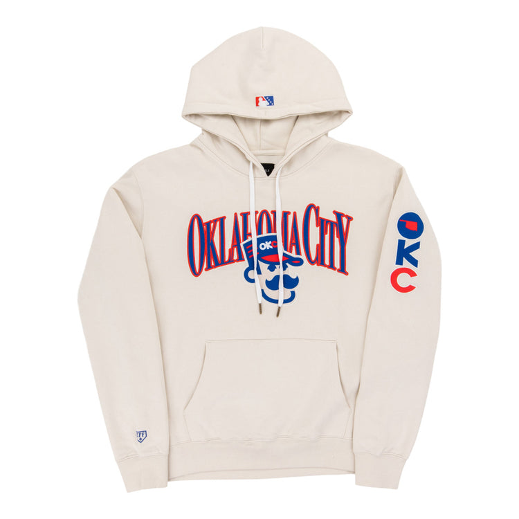 The Ebbets Field Oklahoma City 89Ers MiLB Cotton Hooded Sweatshirt is a cream hoodie with a front pocket, 