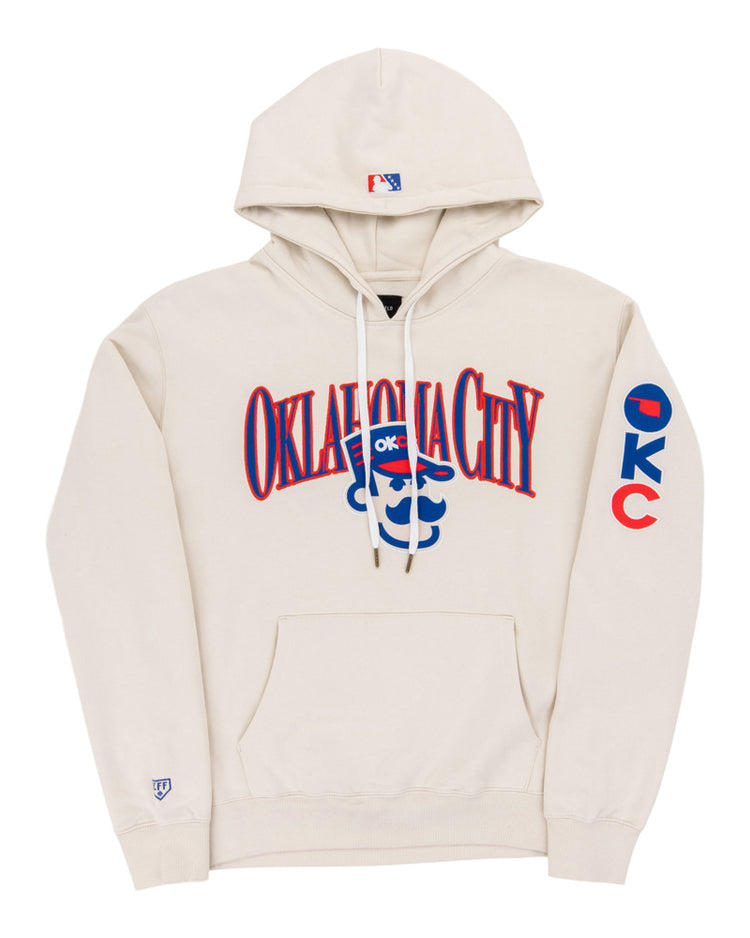 The Ebbets Field Oklahoma City 89Ers MiLB Cotton Hooded Sweatshirt is a cream hoodie with a front pocket, 