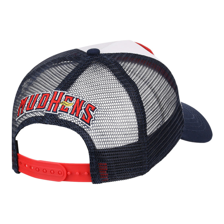 The Ebbets Field Toledo Mud Hens MiLB Trucker Ballcap features a navy and white design, red adjustable snapback, and 