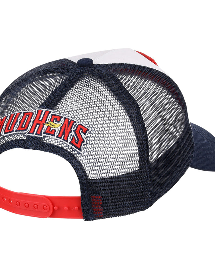 The Ebbets Field Toledo Mud Hens MiLB Trucker Ballcap features a navy and white design, red adjustable snapback, and 