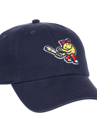 The Ebbets Field Worcester Red Sox MiLB Dad Ballcap is a navy blue baseball cap with an embroidered cartoon character holding a bat and wearing a red cap and shoes on the front panel.