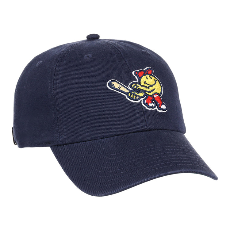The Ebbets Field Worcester Red Sox MiLB Dad Ballcap is a navy blue baseball cap with an embroidered cartoon character holding a bat and wearing a red cap and shoes on the front panel.